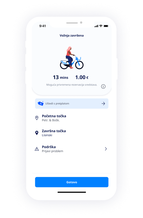 Snimka zaslona aplikacije nextbike koja prikazuje dovršeni najam s detaljima o vremenu i lokaciji.