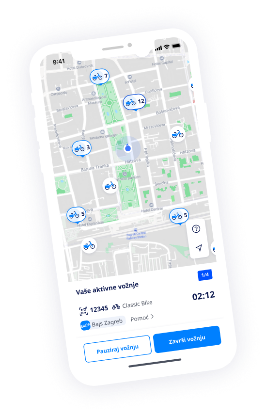 Snimka zaslona aplikacije Nextbike prikazuje dio karte Bajsa Zagreb